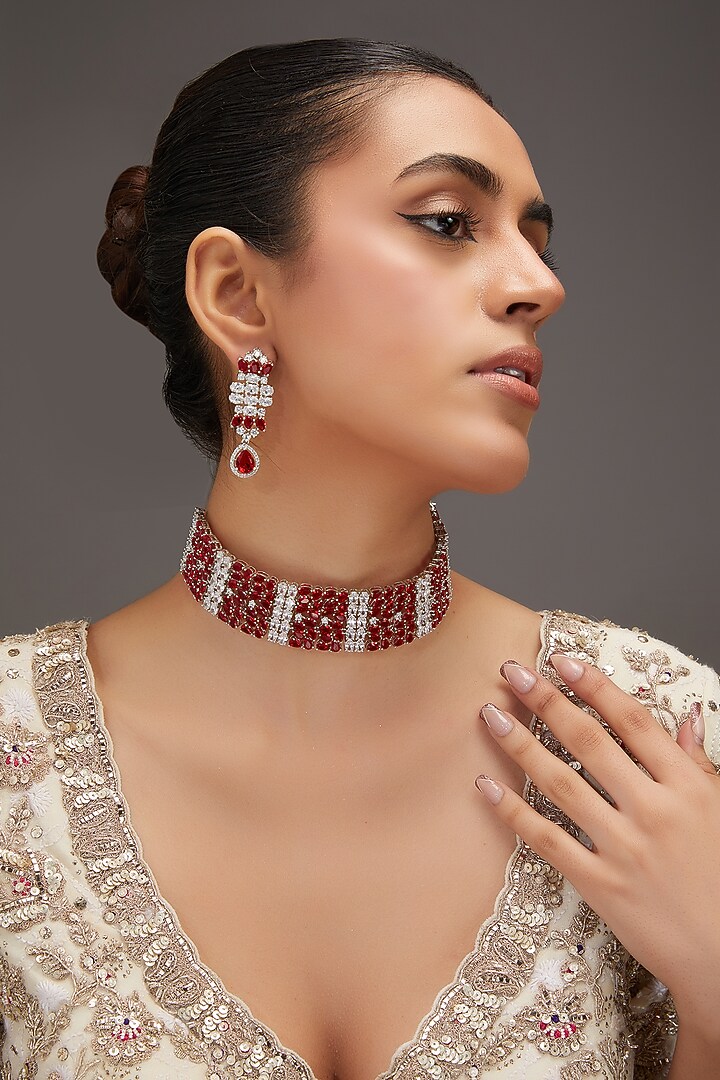 White Finish Zircon & Ruby Stone Choker Necklace Set by Zevar By Geeta at Pernia's Pop Up Shop