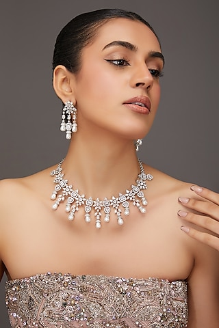 White Finish Zircon & Pearl Drop Necklace Set by Zevar By Geeta