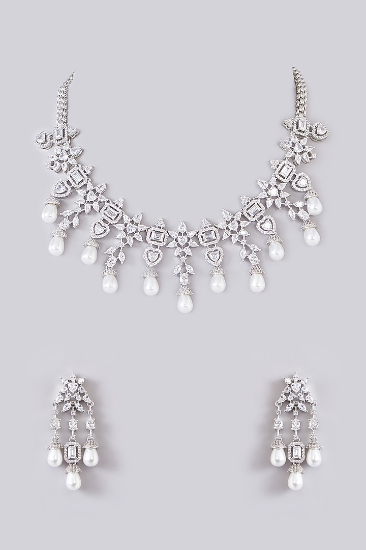 White Finish Zircon & Pearl Drop Necklace Set by Zevar By Geeta at Pernia's Pop Up Shop