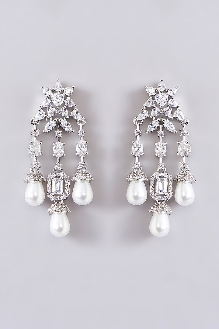 White Finish Zircon & Pearl Drop Necklace Set by Zevar By Geeta at Pernia's Pop Up Shop