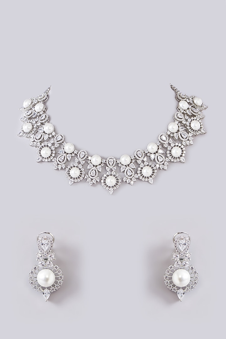 White Finish Zircon & Pearl Necklace Set by Zevar By Geeta at Pernia's Pop Up Shop