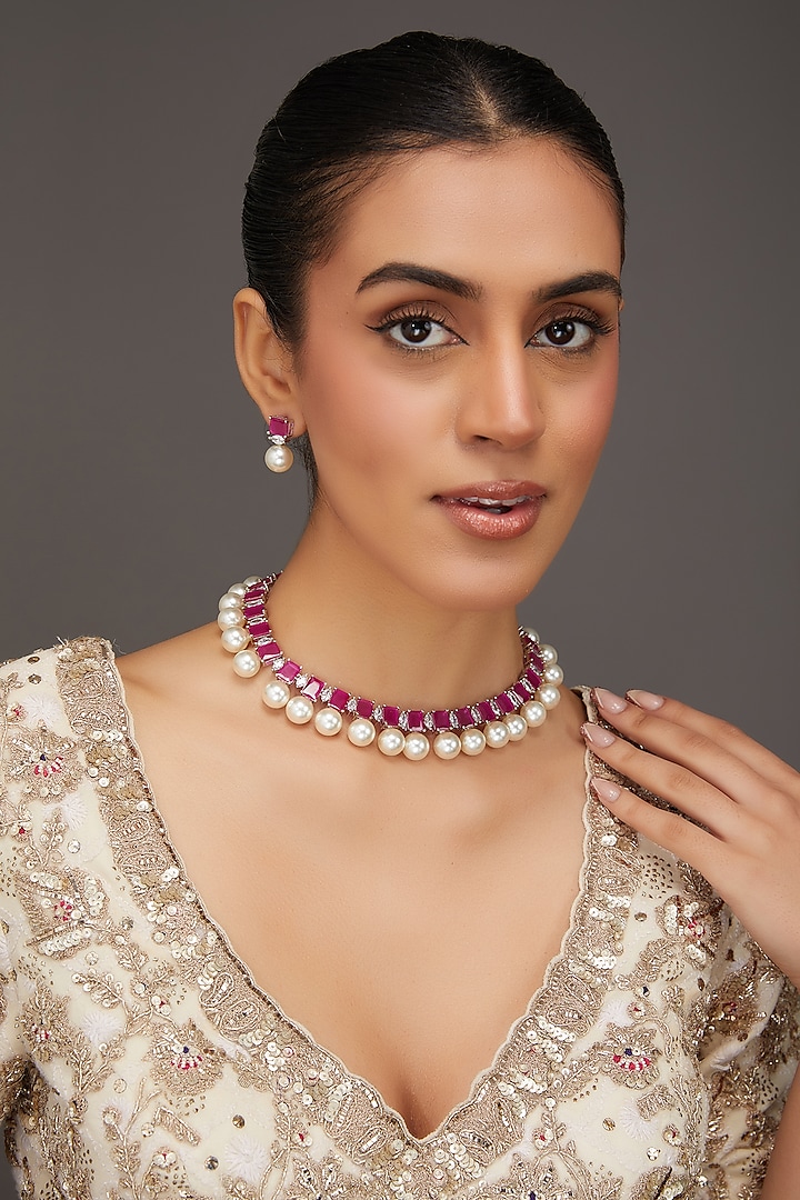 White Finish Zircon & Ruby Necklace Set by Zevar By Geeta at Pernia's Pop Up Shop
