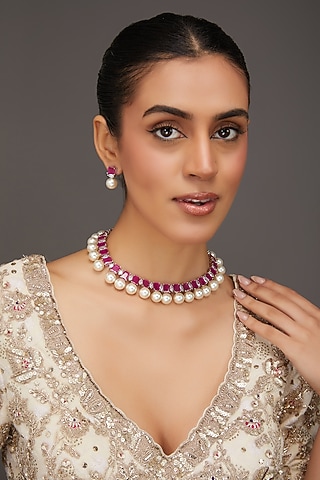 White Finish Zircon & Ruby Necklace Set by Zevar By Geeta