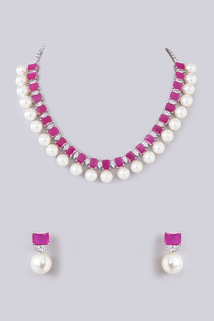 White Finish Zircon & Ruby Necklace Set by Zevar By Geeta at Pernia's Pop Up Shop