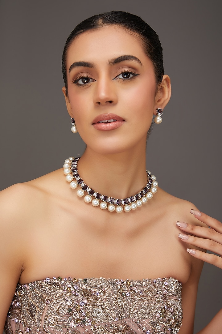 White Finish Zircon & Amethyst Stone Necklace Set by Zevar By Geeta at Pernia's Pop Up Shop