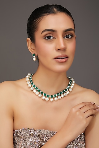 White Finish Zircon & Emerald Stone Necklace Set by Zevar By Geeta