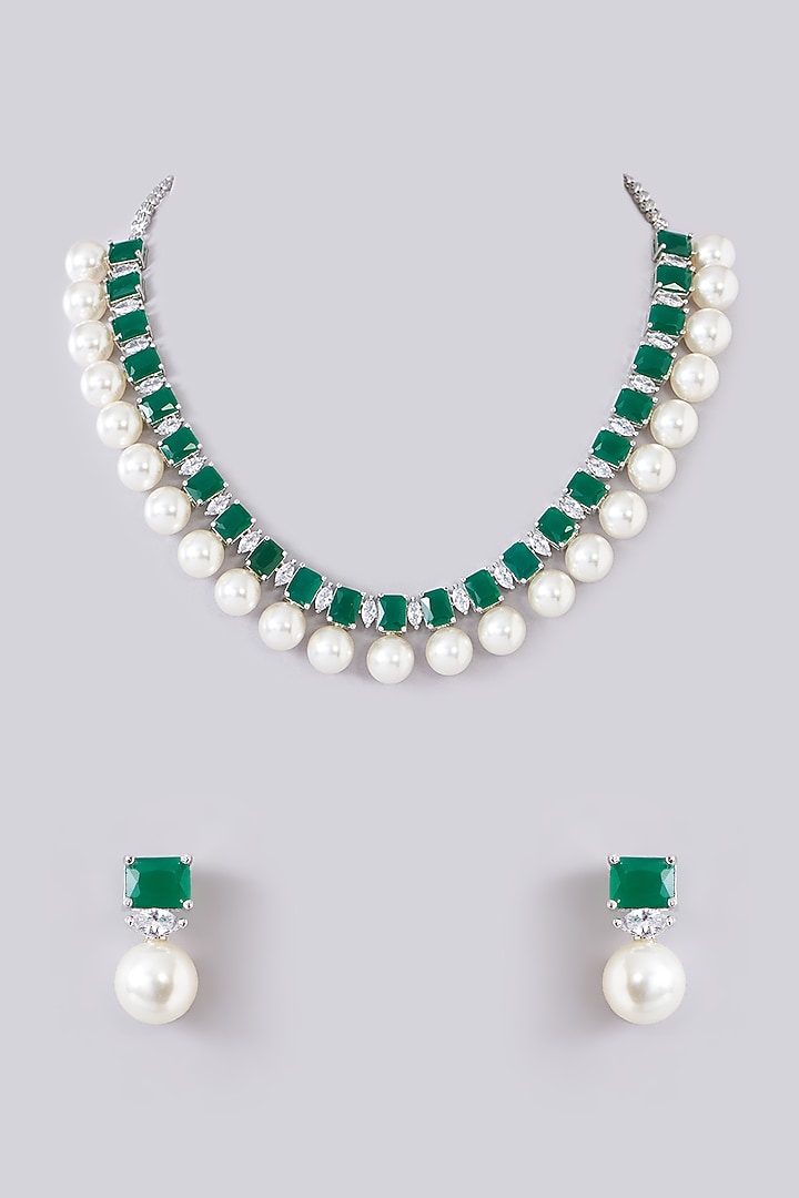 White Finish Zircon & Emerald Stone Necklace Set by Zevar By Geeta at Pernia's Pop Up Shop