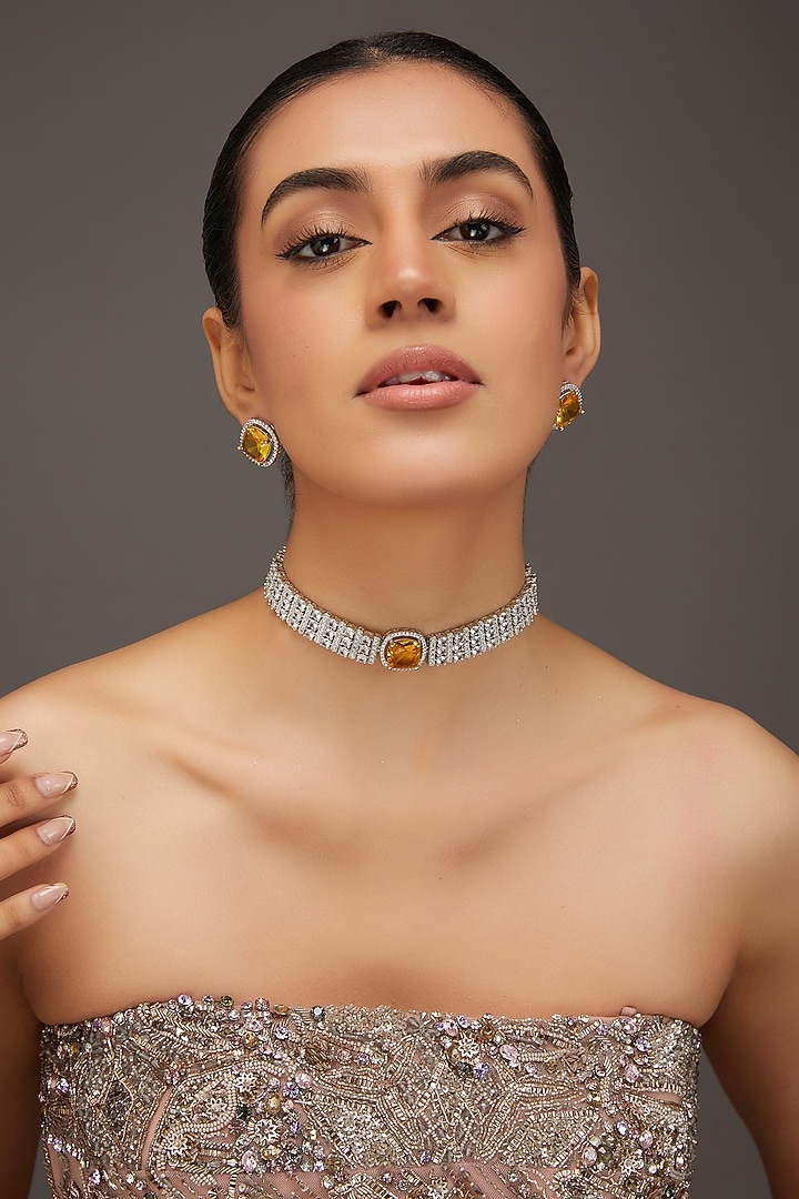 White Finish Zircon Golden Topaz Stone Choker Necklace Set by Zevar By  Geeta at Pernia's Pop Up Shop