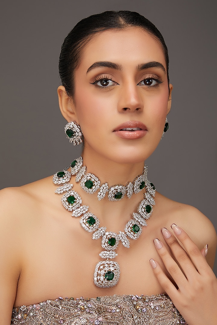 White Finish Zircon & Emerald Stone Long Necklace Set by Zevar By Geeta