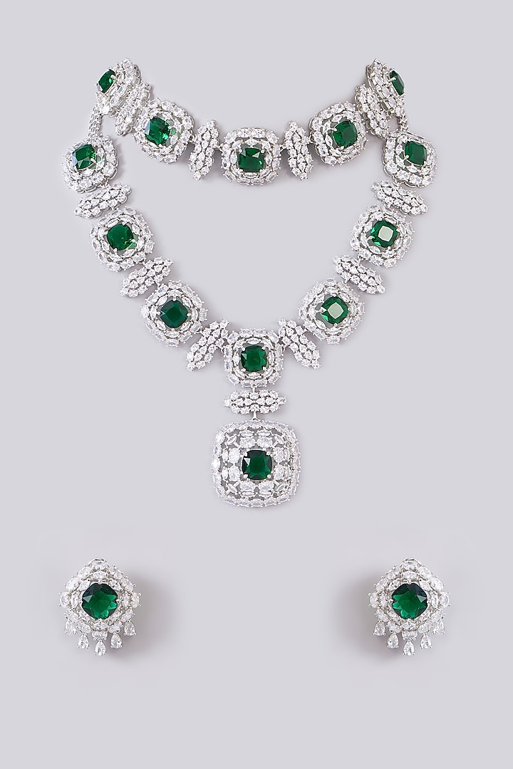 White Finish Zircon & Emerald Stone Long Necklace Set Design by Zevar ...