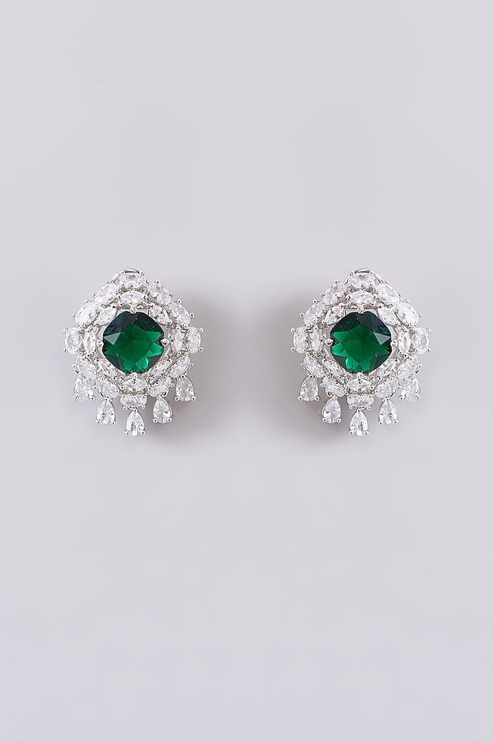 White Finish Zircon & Emerald Stone Long Necklace Set by Zevar By Geeta at Pernia's Pop Up Shop