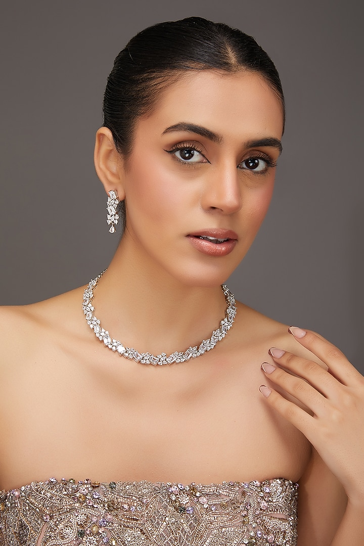 White Finish Zircon Necklace Set by Zevar By Geeta at Pernia's Pop Up Shop