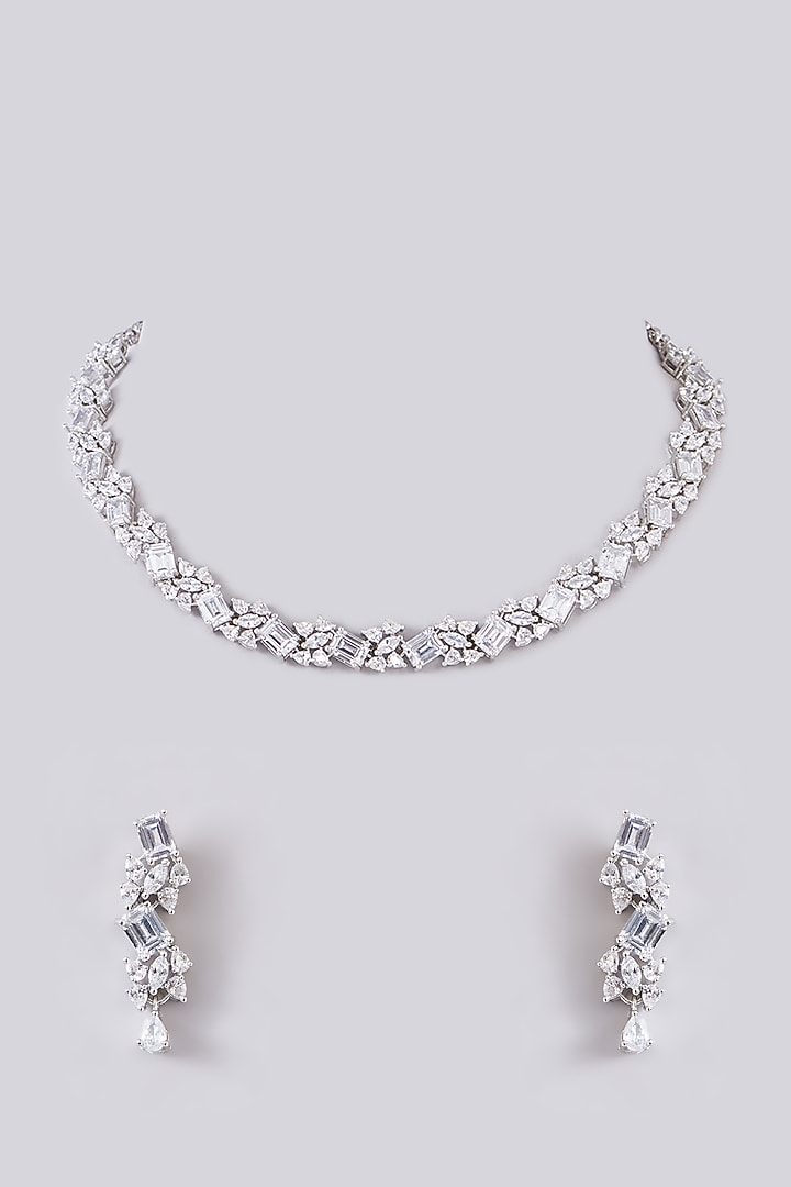 White Finish Zircon Necklace Set by Zevar By Geeta at Pernia's Pop Up Shop