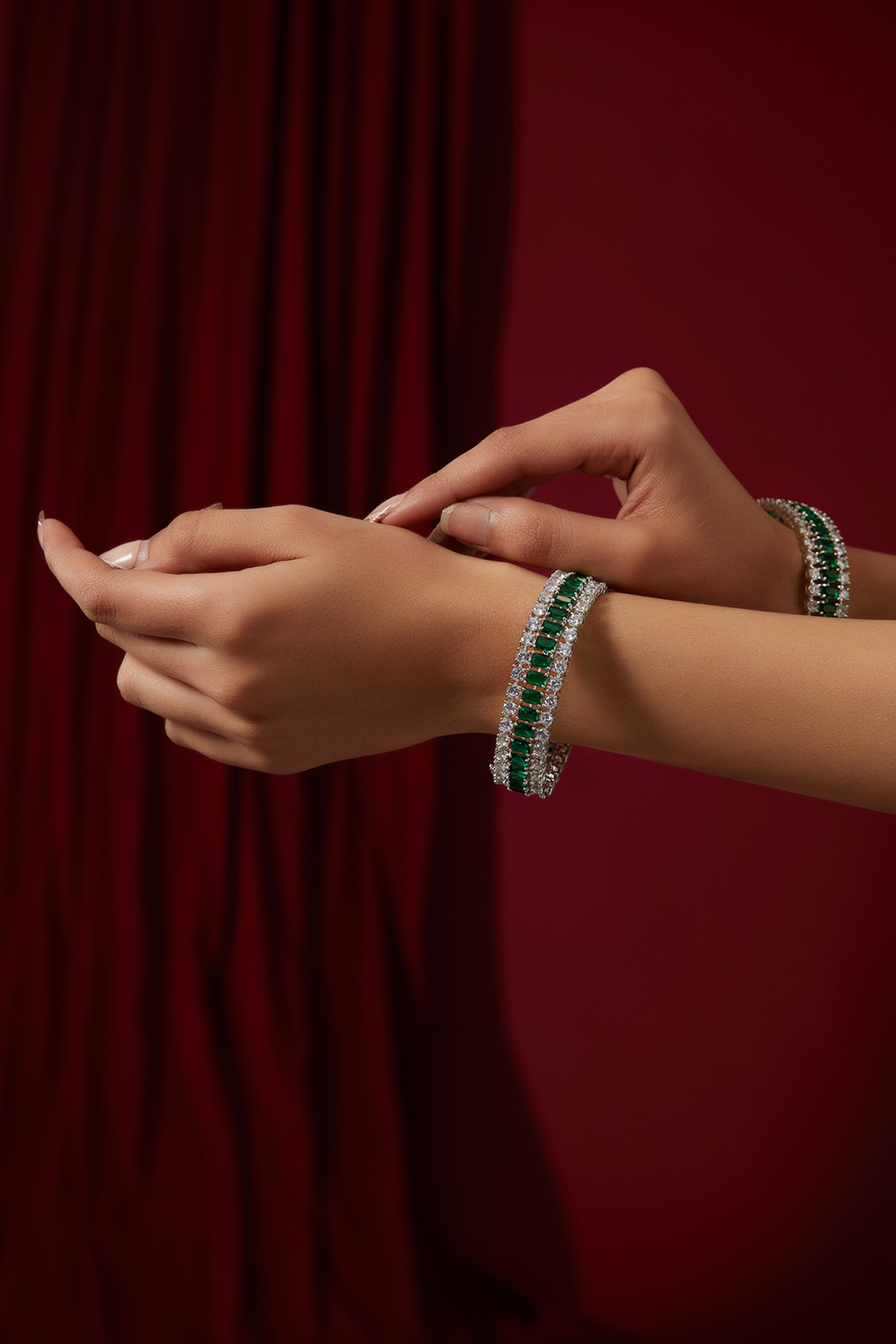 White Finish Green Zircon Bangles (Set Of 2) by Zevar By Geeta at Pernia's Pop Up Shop