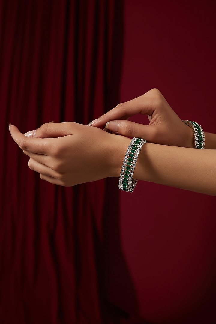 White Finish Green Zircon Bangles (Set Of 2) by Zevar By Geeta at Pernia's Pop Up Shop