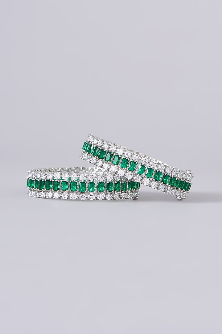 White Finish Green Zircon Bangles (Set Of 2) by Zevar By Geeta at Pernia's Pop Up Shop