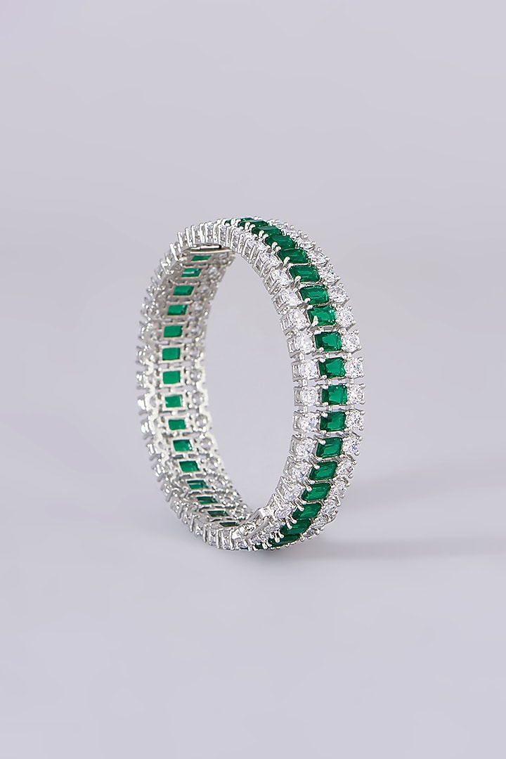 White Finish Green Zircon Bangles (Set Of 2) by Zevar By Geeta at Pernia's Pop Up Shop