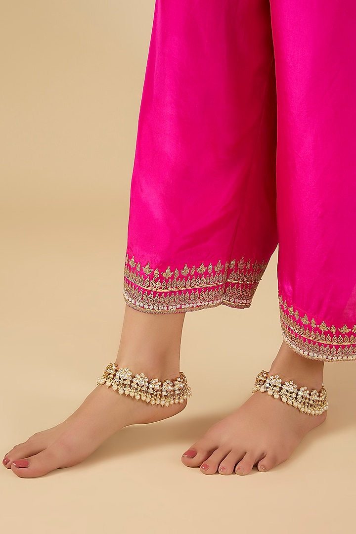 Gold Finish Kundan Polki Anklets (Set Of 2) by Zevar By Geeta at Pernia's Pop Up Shop