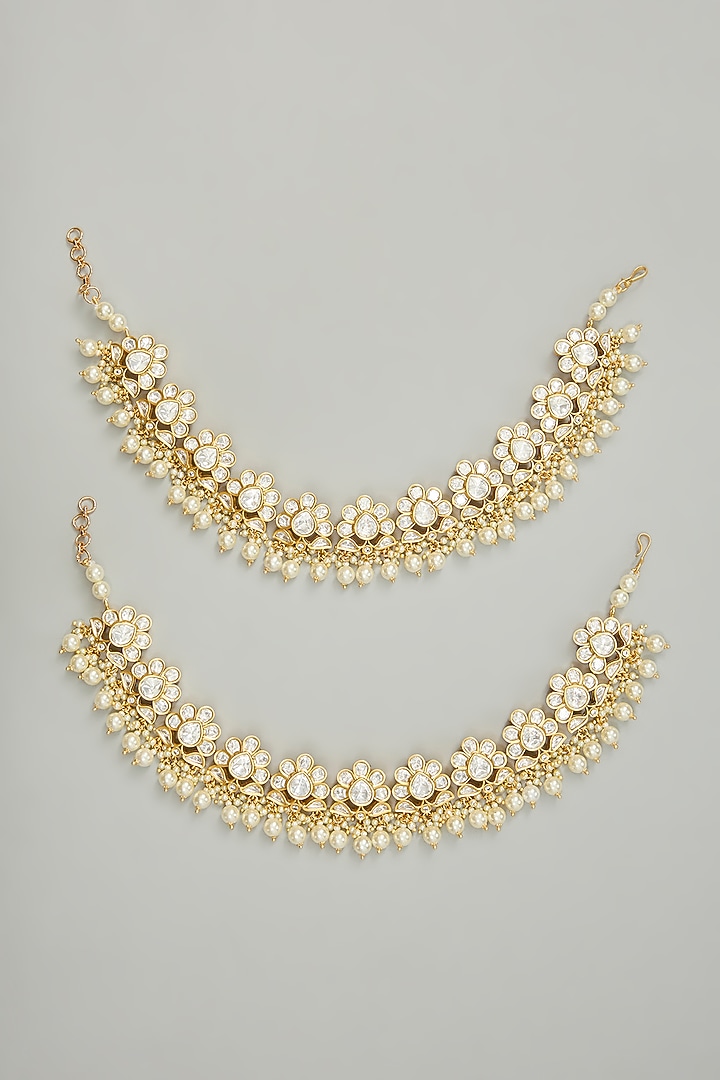 Gold Finish Kundan Polki Anklets (Set Of 2) by Zevar By Geeta at Pernia's Pop Up Shop