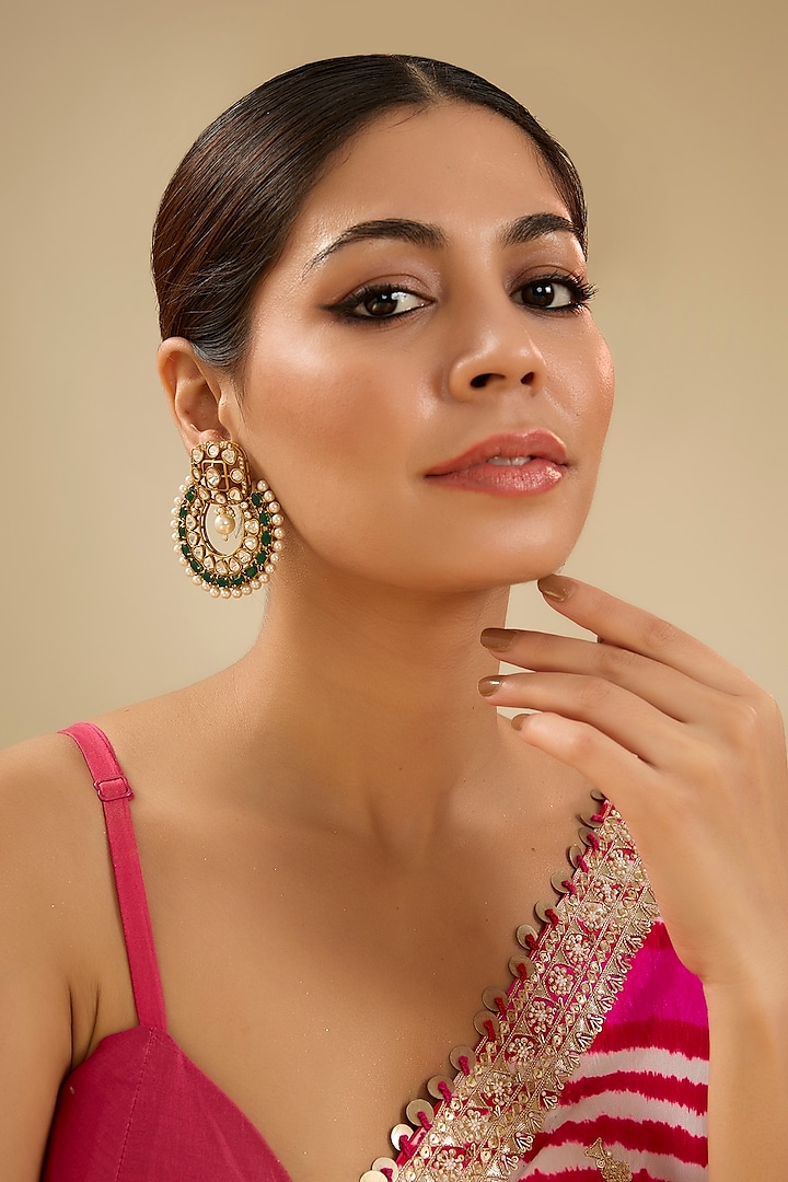 Gold Finish Green Kundan Polki Chandbali Earrings by Zevar By Geeta at Pernia's Pop Up Shop