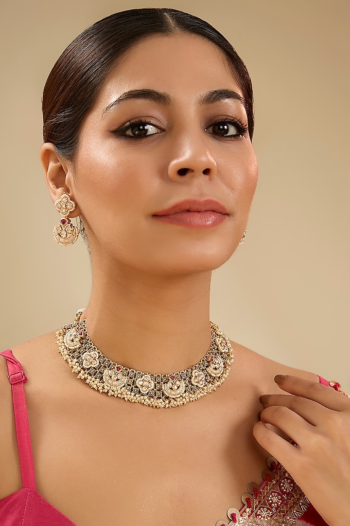 Gold Finish Kundan Polki Necklace Set by Zevar By Geeta at Pernia's Pop Up Shop