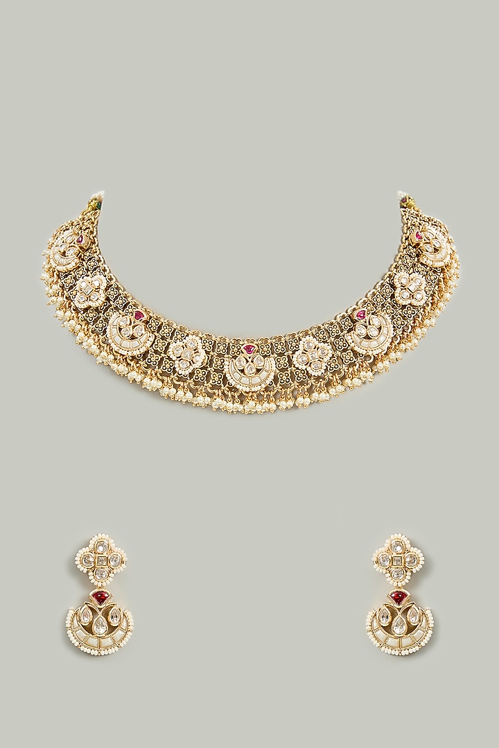 Gold Finish Kundan Polki Necklace Set by Zevar By Geeta at Pernia's Pop Up Shop