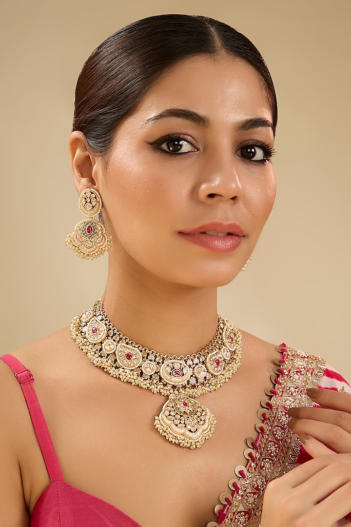 Gold Finish Kundan Polki Pendant Necklace Set by Zevar By Geeta at Pernia's Pop Up Shop