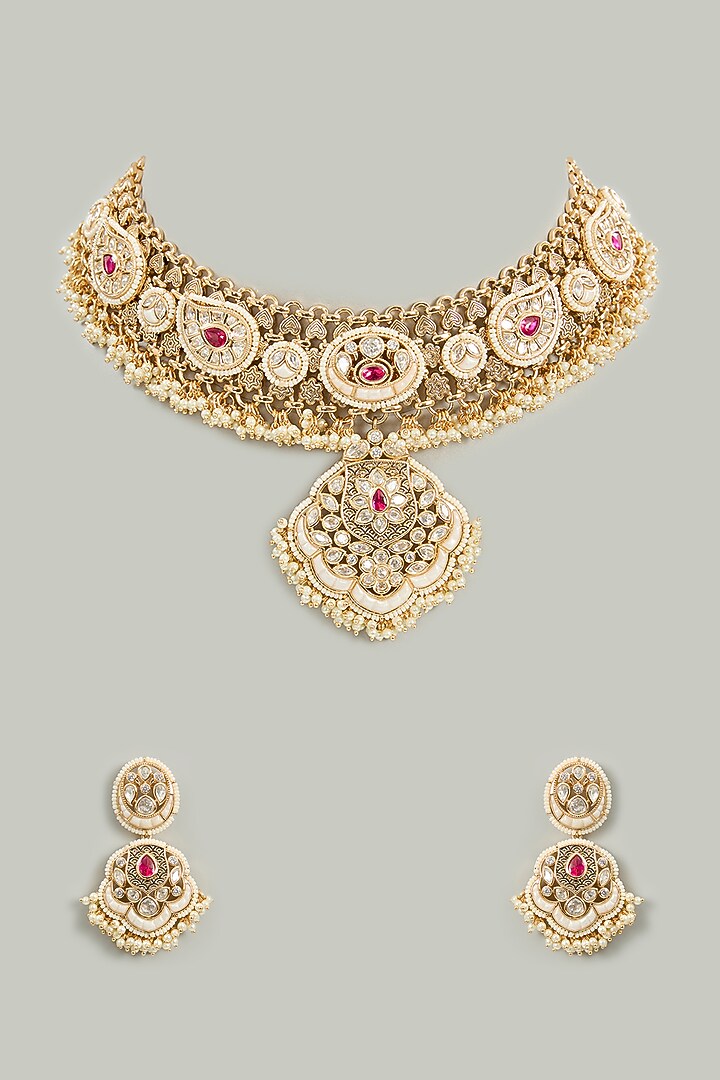 Gold Finish Kundan Polki Pendant Necklace Set by Zevar By Geeta at Pernia's Pop Up Shop
