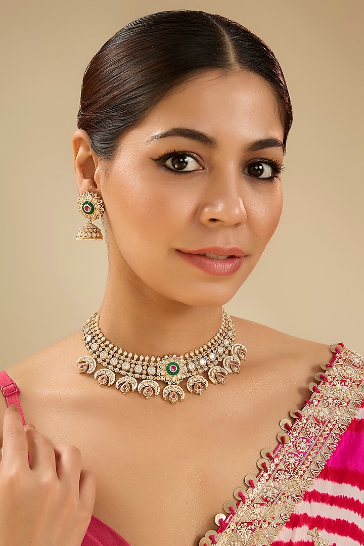 Gold Finish Kundan Stone Necklace Set by Zevar By Geeta at Pernia's Pop Up Shop