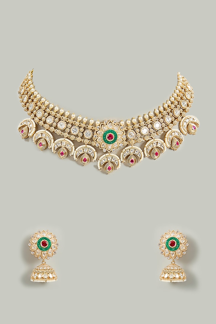 Gold Finish Kundan Stone Necklace Set by Zevar By Geeta at Pernia's Pop Up Shop