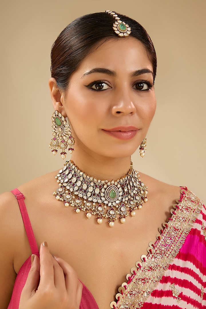 Gold Finish Kundan Polki & Green Stone Necklace Set by Zevar By Geeta at Pernia's Pop Up Shop