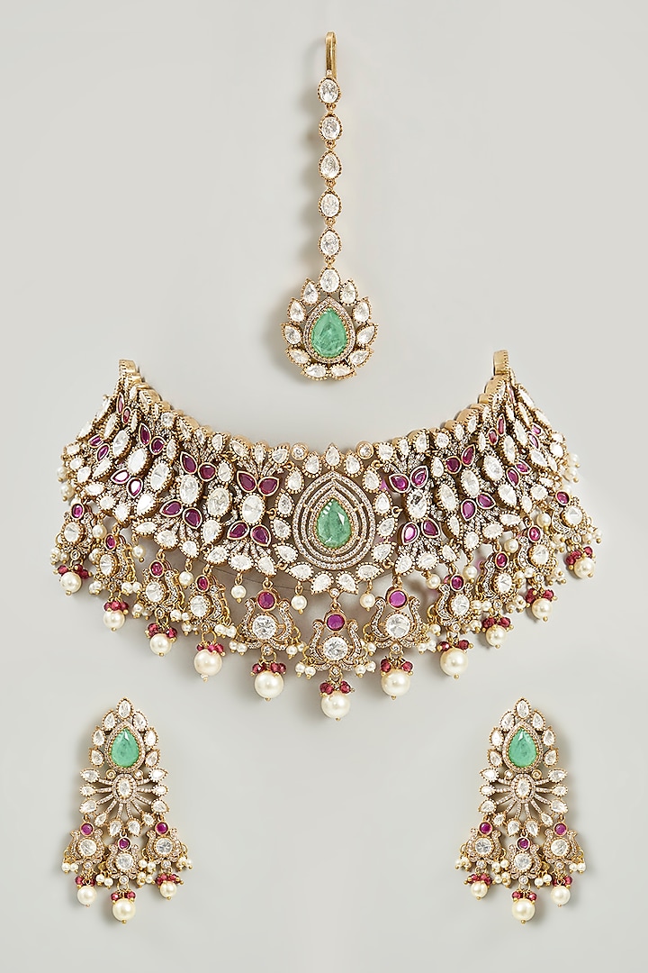 Gold Finish Kundan Polki & Green Stone Necklace Set by Zevar By Geeta at Pernia's Pop Up Shop