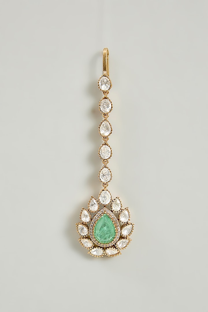 Gold Finish Kundan Polki & Green Stone Necklace Set by Zevar By Geeta at Pernia's Pop Up Shop