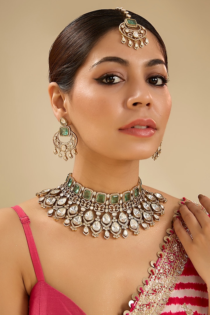 Gold Finish Kundan Polki & Green Stone Necklace Set by Zevar By Geeta at Pernia's Pop Up Shop