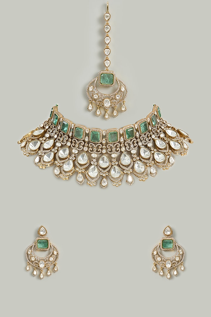 Gold Finish Kundan Polki & Green Stone Necklace Set by Zevar By Geeta at Pernia's Pop Up Shop