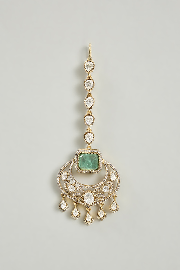 Gold Finish Kundan Polki & Green Stone Necklace Set by Zevar By Geeta at Pernia's Pop Up Shop