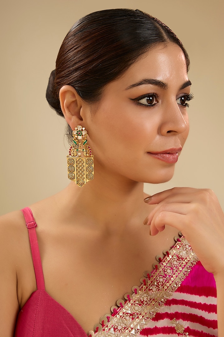 Gold Finish Kundan Polki Temple Dangler Earrings by Zevar By Geeta at Pernia's Pop Up Shop