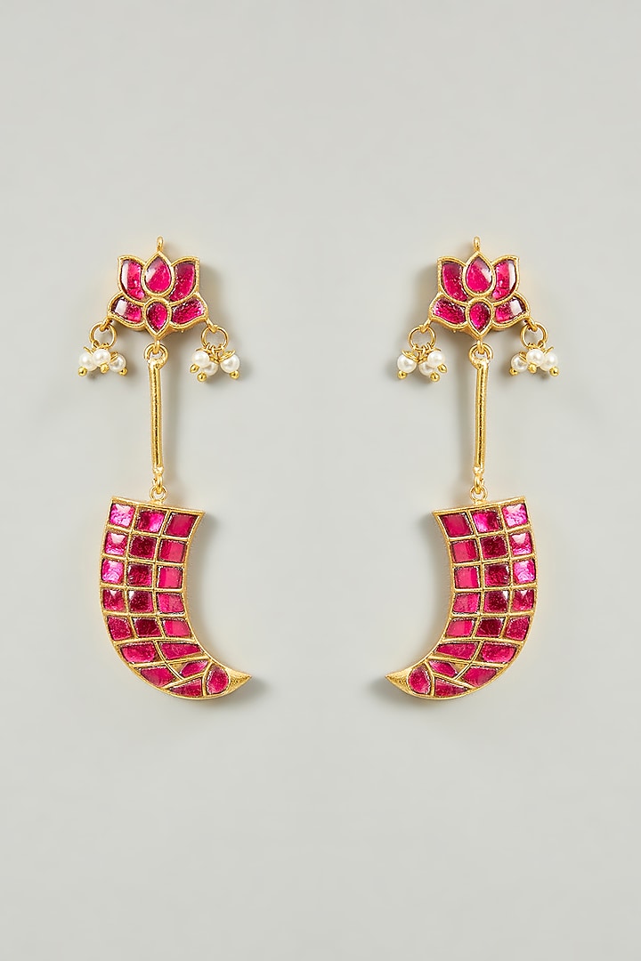 Gold Finish Pink Moissanite Polki Dangler Earrings by Zevar By Geeta at Pernia's Pop Up Shop