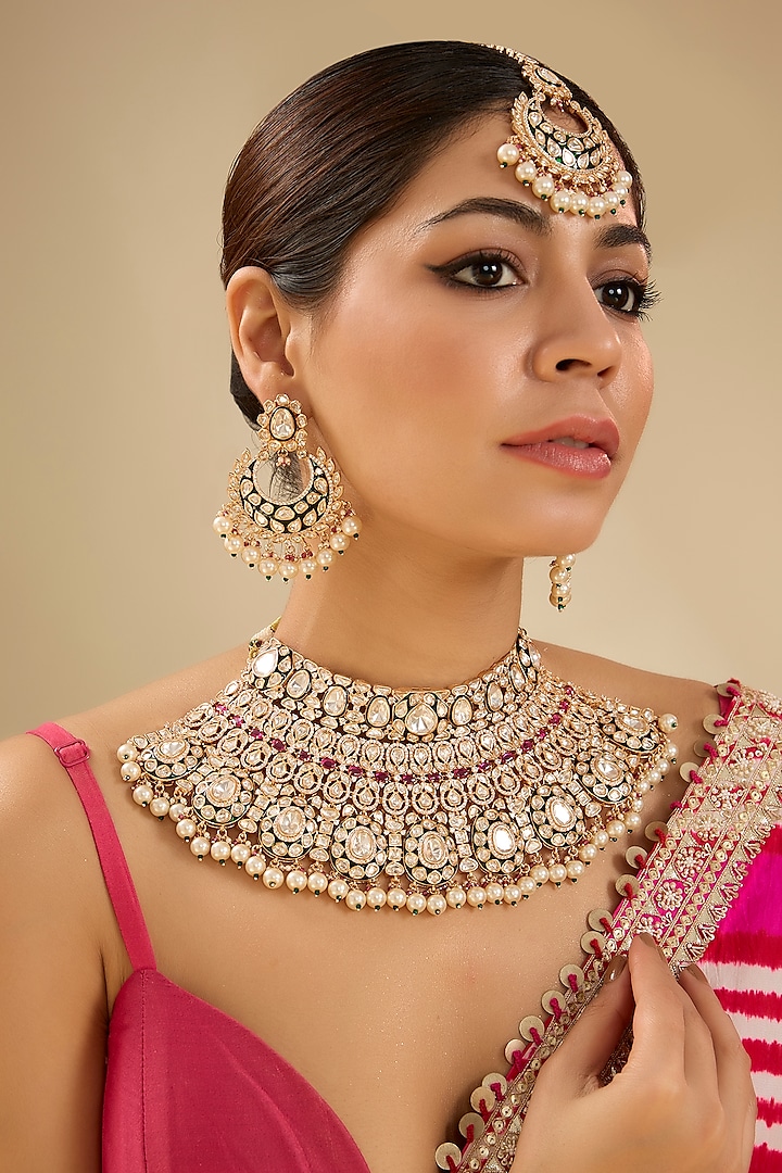 Gold Finish Kundan Polki & Pink Stone Necklace Set by Zevar By Geeta at Pernia's Pop Up Shop