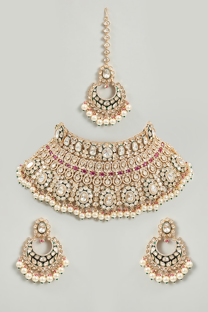 Gold Finish Kundan Polki & Pink Stone Necklace Set by Zevar By Geeta at Pernia's Pop Up Shop
