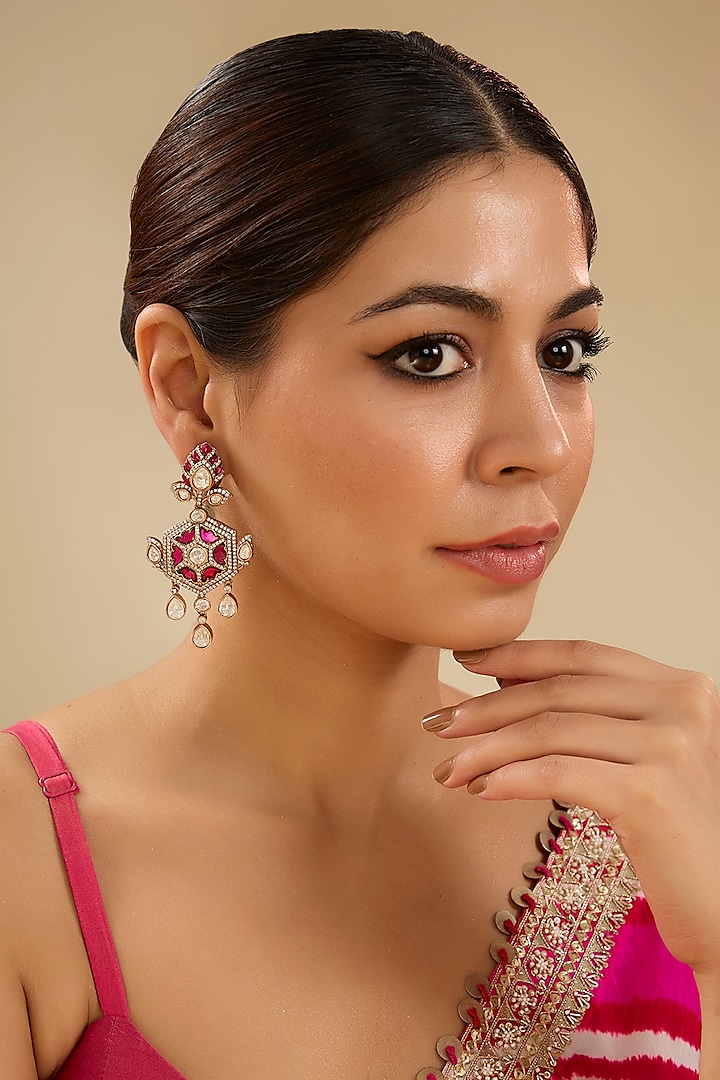 Two-Tone Finish Pink Stone Dangler Earrings by Zevar By Geeta at Pernia's Pop Up Shop