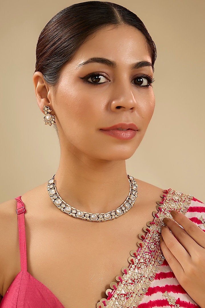 Black Rhodium Finish Kundan Polki Necklace Set by Zevar By Geeta at Pernia's Pop Up Shop