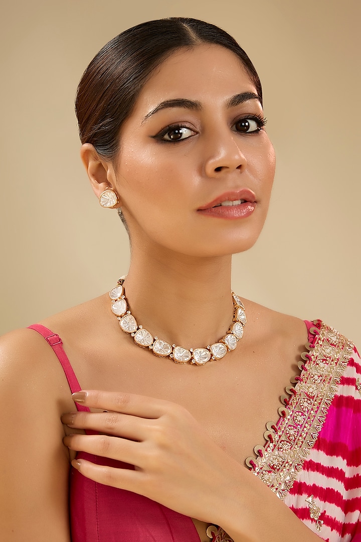 Gold Finish Kundan Polki Necklace Set by Zevar By Geeta at Pernia's Pop Up Shop