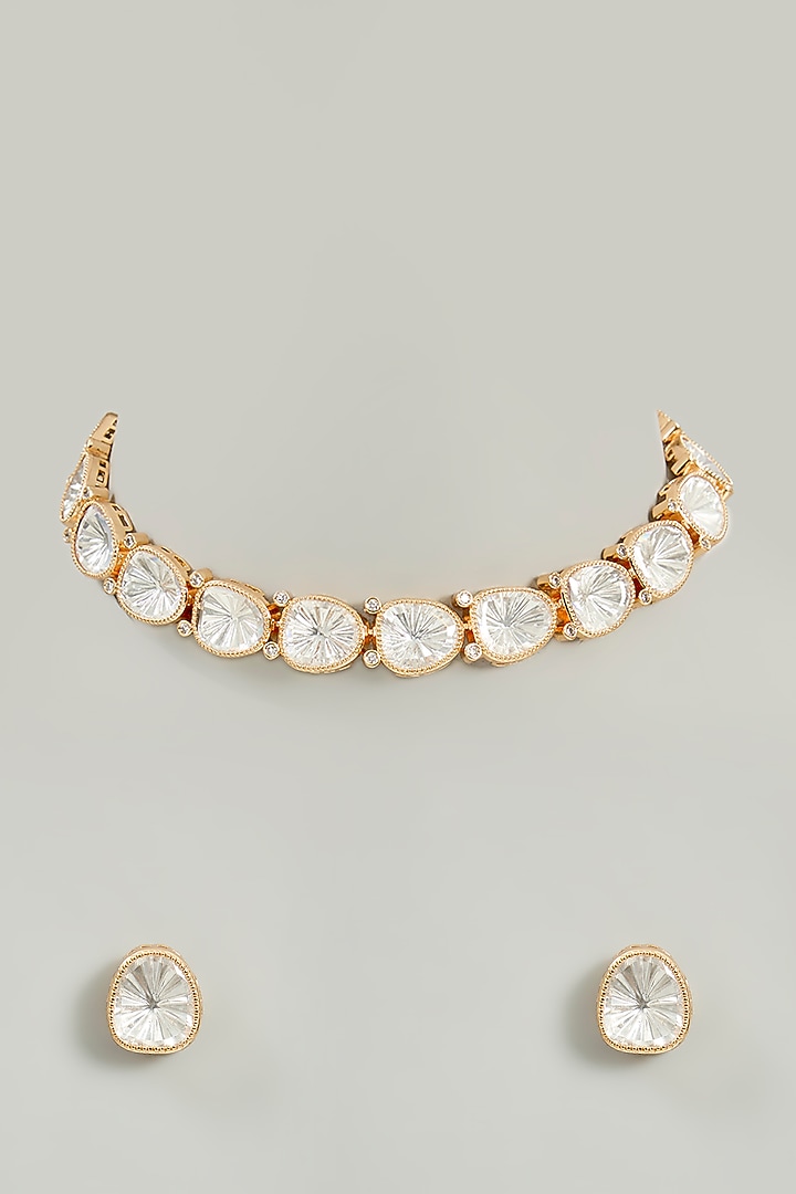 Gold Finish Kundan Polki Necklace Set by Zevar By Geeta at Pernia's Pop Up Shop