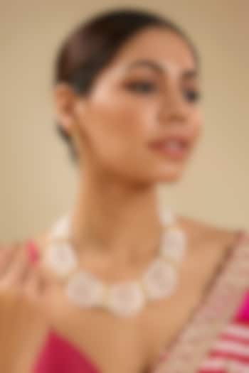 Gold Finish Pearl & Moissanite Stone Necklace Set by Zevar By Geeta at Pernia's Pop Up Shop