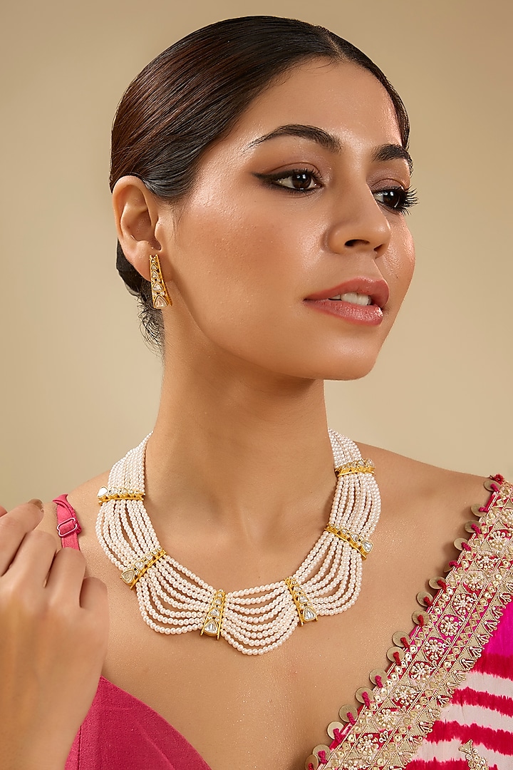 Gold Finish Pearl & Moissanite Stone Necklace Set by Zevar By Geeta at Pernia's Pop Up Shop