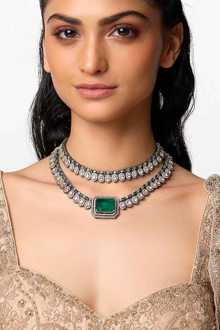Two Tone Finish Green Stone Necklace by Zevar by Geeta at Pernia's Pop Up Shop