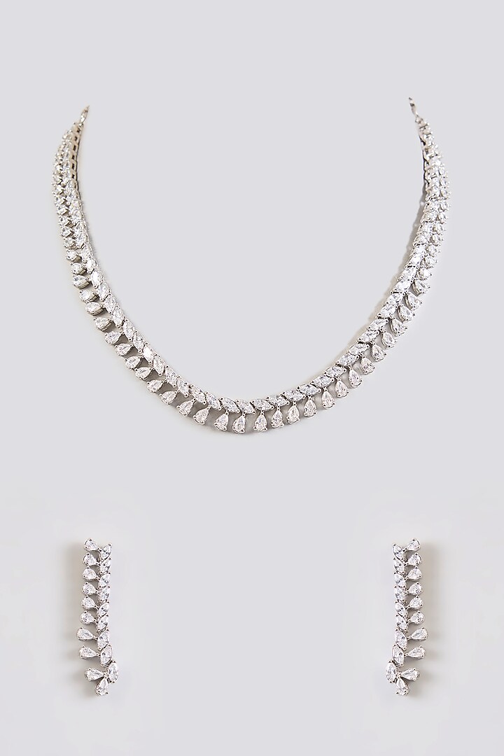 White Finish Diamond Necklace Set by Zevar By Geeta at Pernia's Pop Up Shop