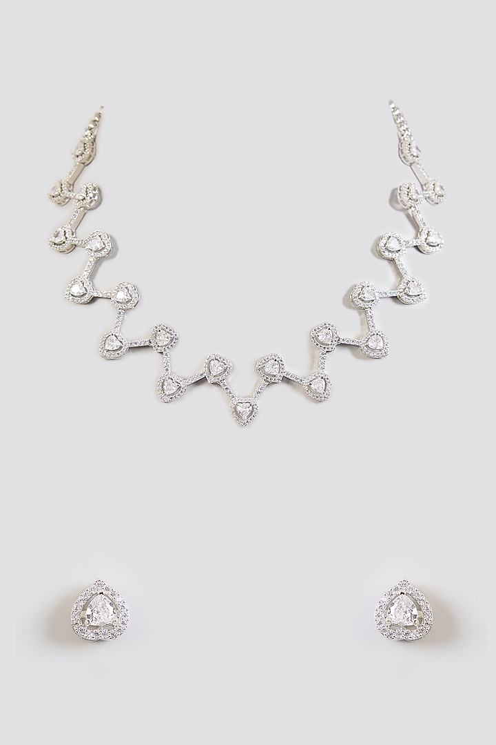 White Finish Diamond Necklace Set by Zevar By Geeta at Pernia's Pop Up Shop