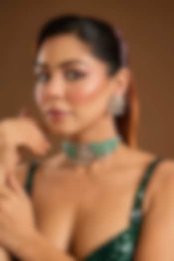 Two Tone Finish Green Stone & Kundan Polki Choker Necklace Set by Zevar By Geeta at Pernia's Pop Up Shop